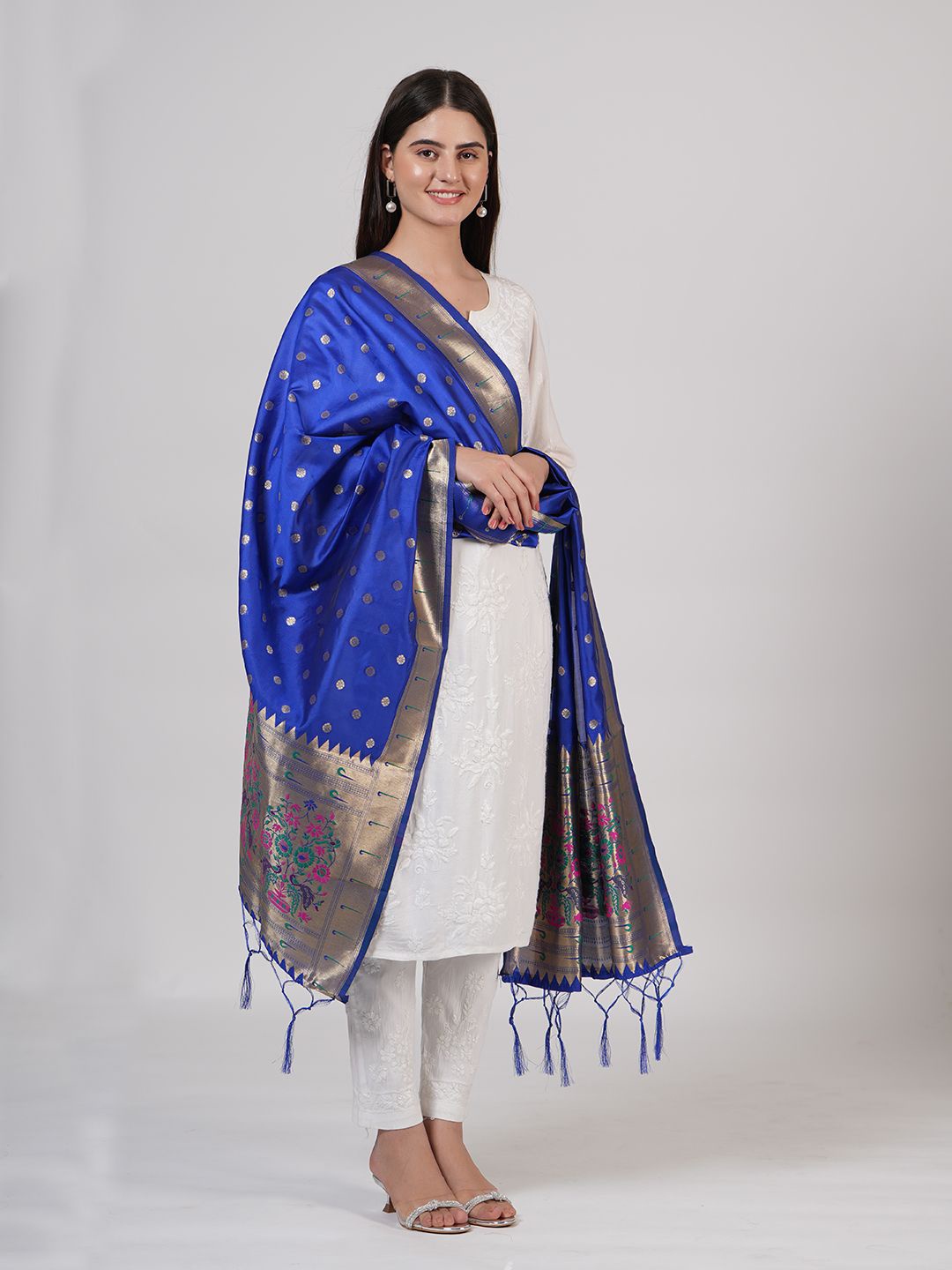 

MUFFLY Ethnic Motifs Woven Designed Silk Dupatta, Blue