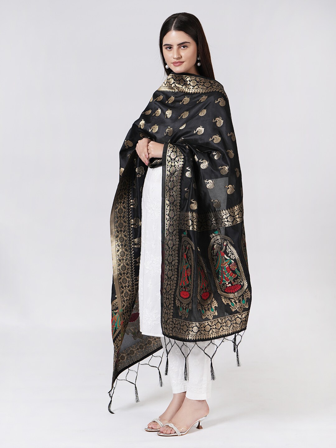 

MUFFLY Ethnic Motifs Woven Designed Silk Dupatta with Zari, Black