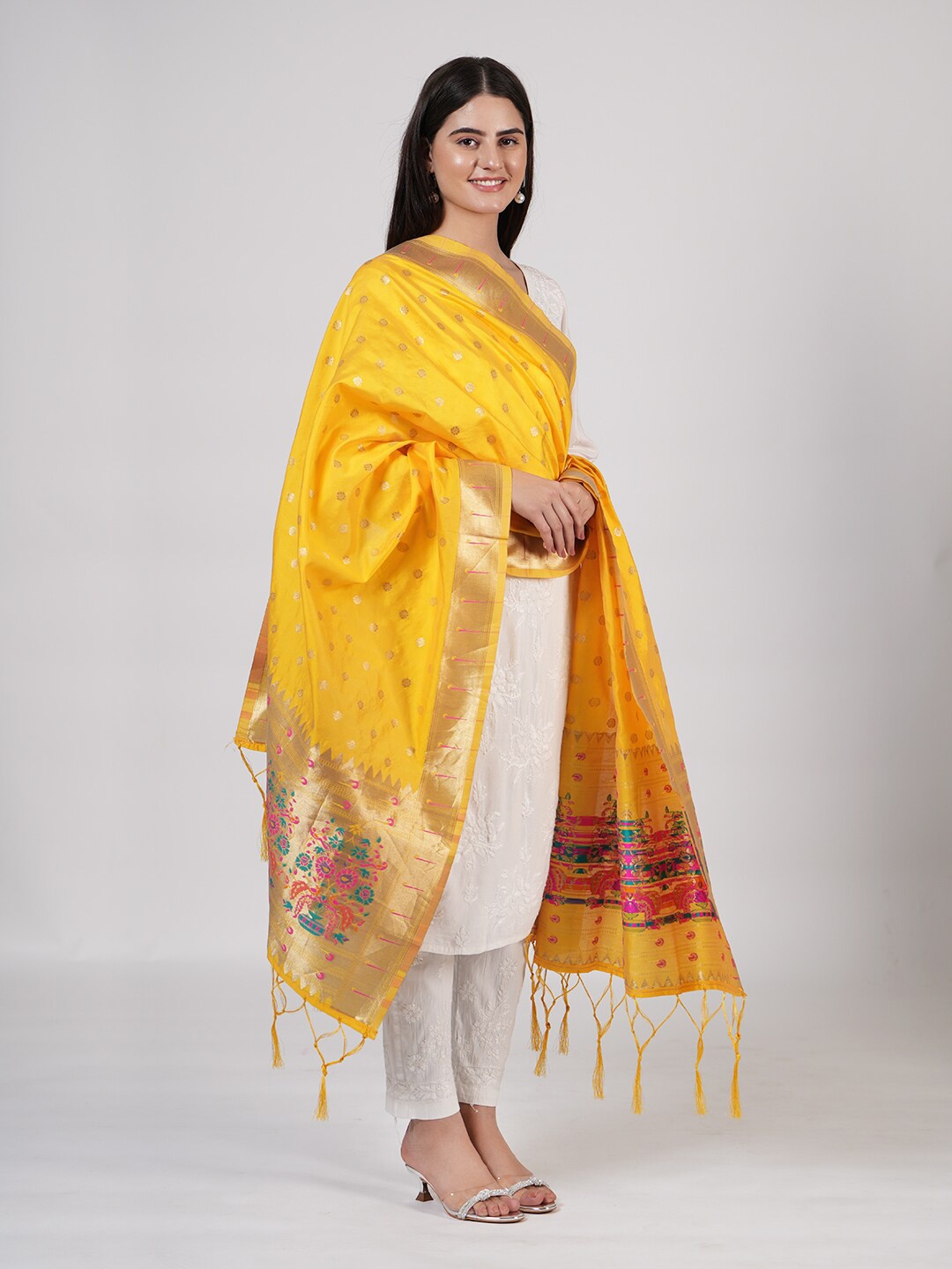 

MUFFLY Ethnic Motifs Woven Designed Silk Dupatta, Yellow
