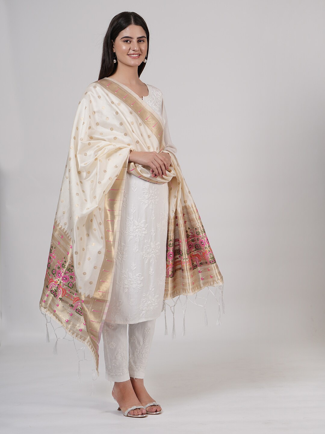 

MUFFLY Ethnic Motifs Woven Designed Silk Dupatta, White