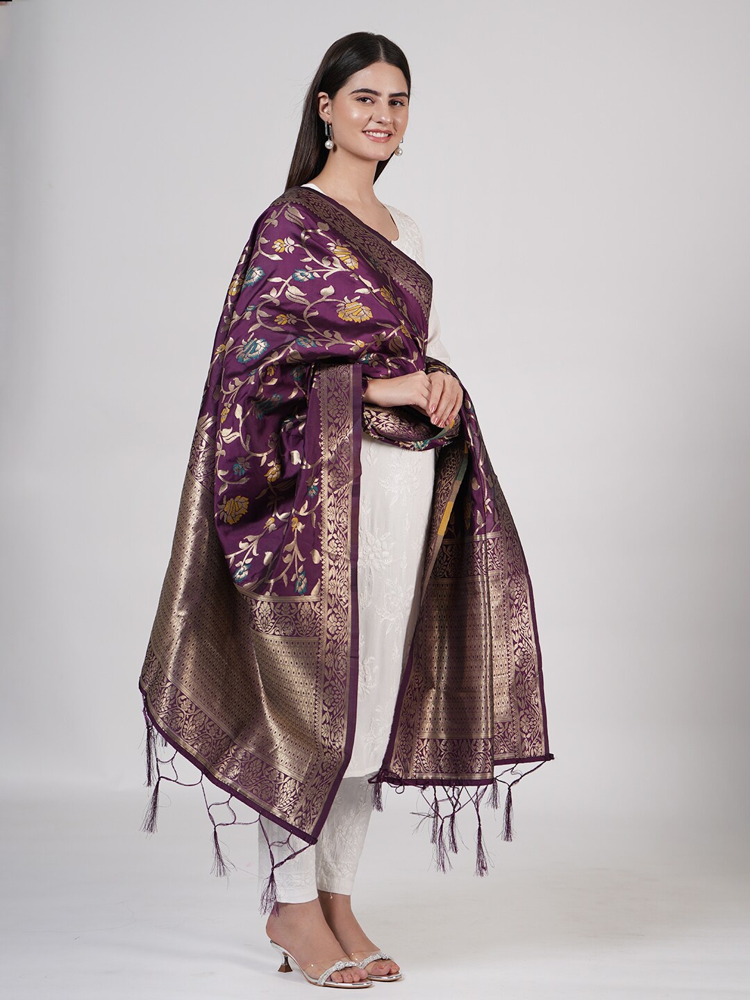 

MUFFLY Woven Design Dupatta with Zari, Purple