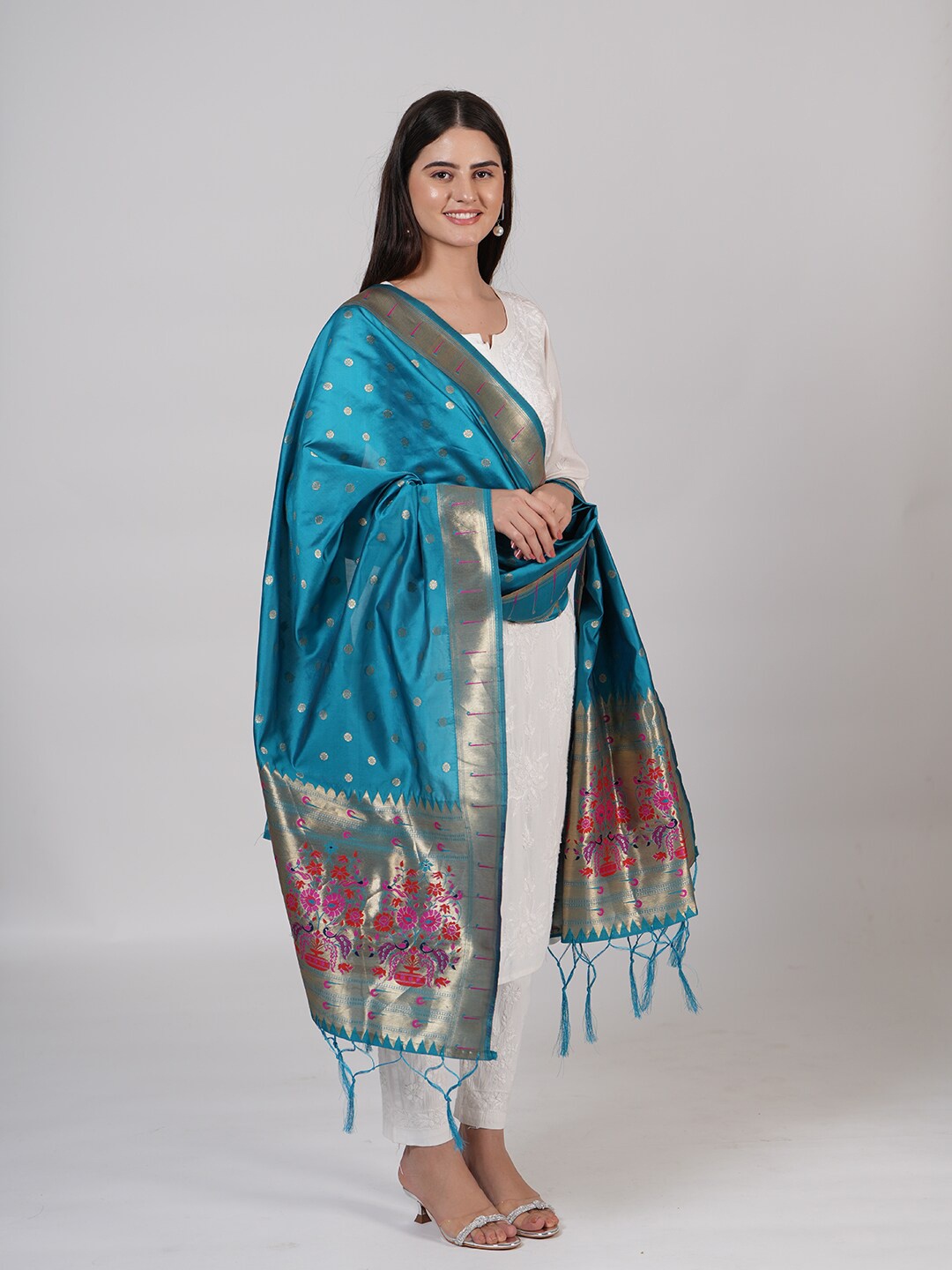 

MUFFLY Ethnic Motifs Woven Designed Silk Dupatta, Blue