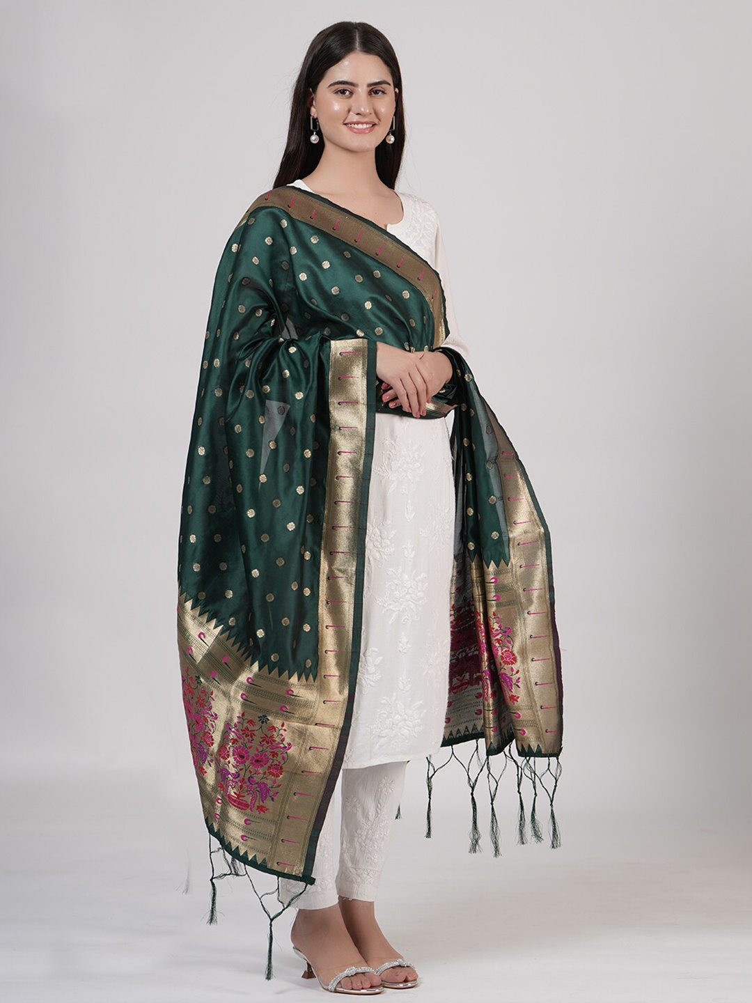 

MUFFLY Ethnic Motifs Woven Design Silk Dupatta, Green