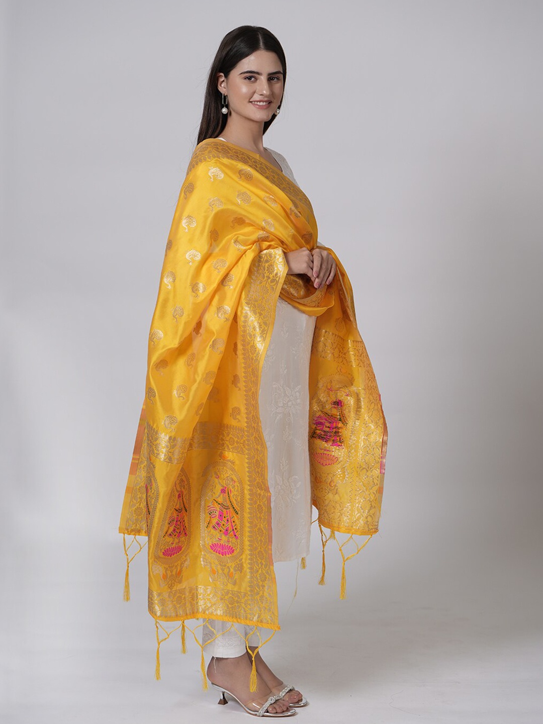 

MUFFLY Ethnic Motifs Woven Design Zari Silk Dupatta, Yellow