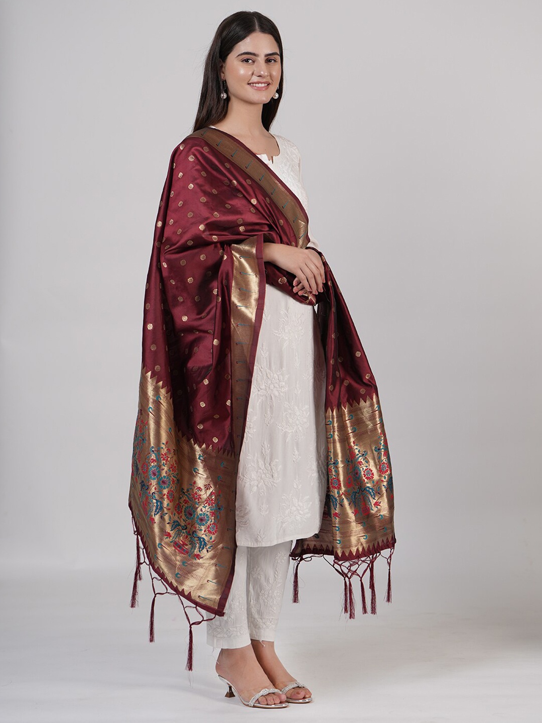 

MUFFLY Ethnic Motifs Woven Designed Silk Dupatta, Maroon