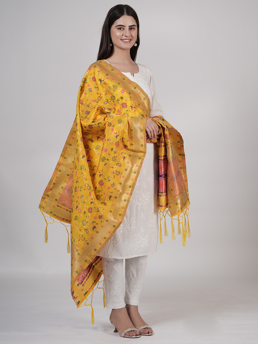 

MUFFLY Floral Woven Design Dupatta, Yellow