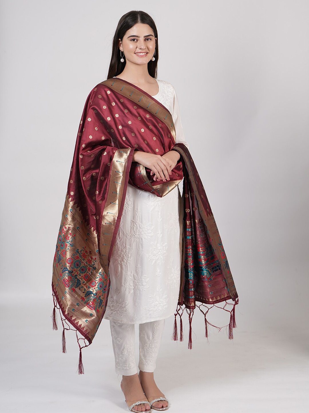 

MUFFLY Ethnic Motifs Woven Designed Silk Dupatta, Maroon