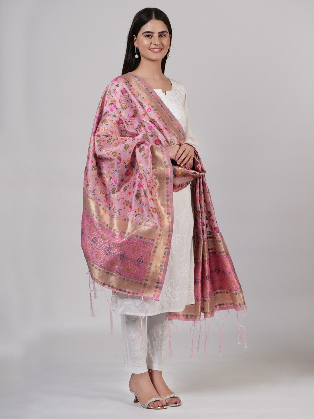 

MUFFLY Floral Woven Design Dupatta, Pink
