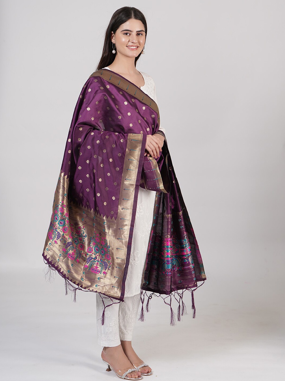 

MUFFLY Ethnic Motifs Woven Design Silk Dupatta, Purple