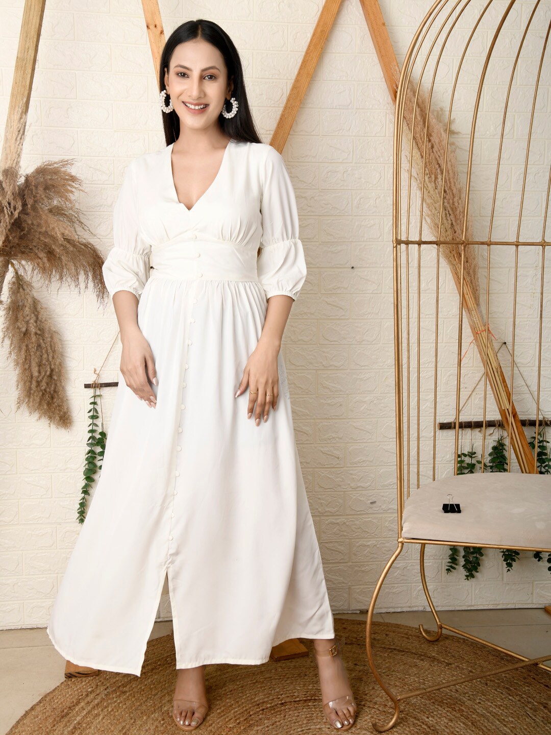 

BAESD V-Neck Puff Sleeves Crepe Maxi Dress, Off white