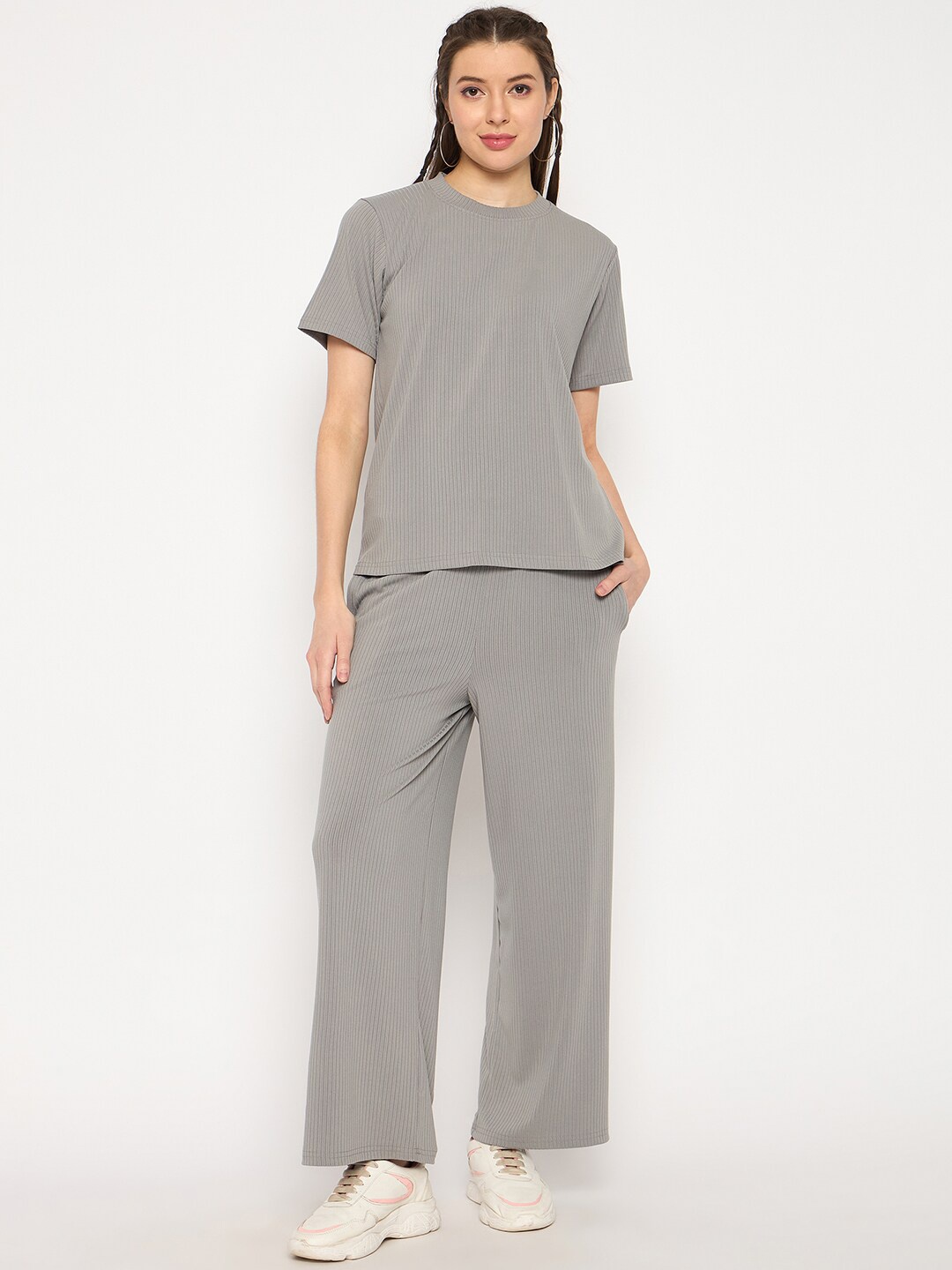 

Camey Self Design Round Neck T-shirt With Trousers, Grey