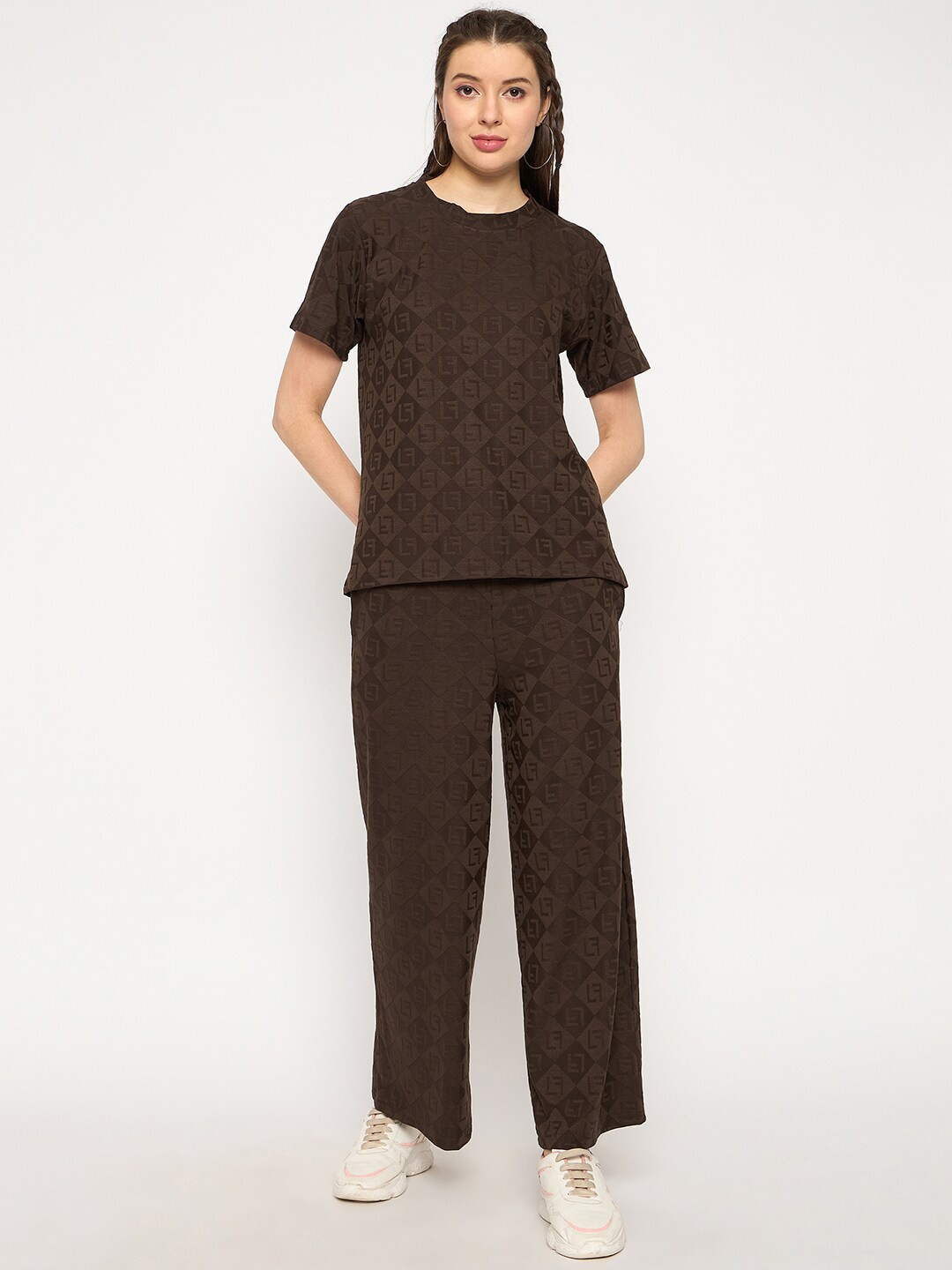 

Camey Self Designed Round Neck T-Shirt & Flared Trouser, Brown