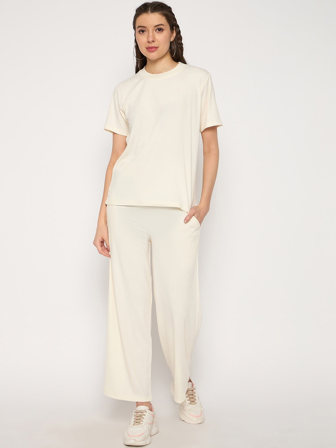 

Camey Round Neck T-Shirt & Flared Trouser Co-Ords, Cream