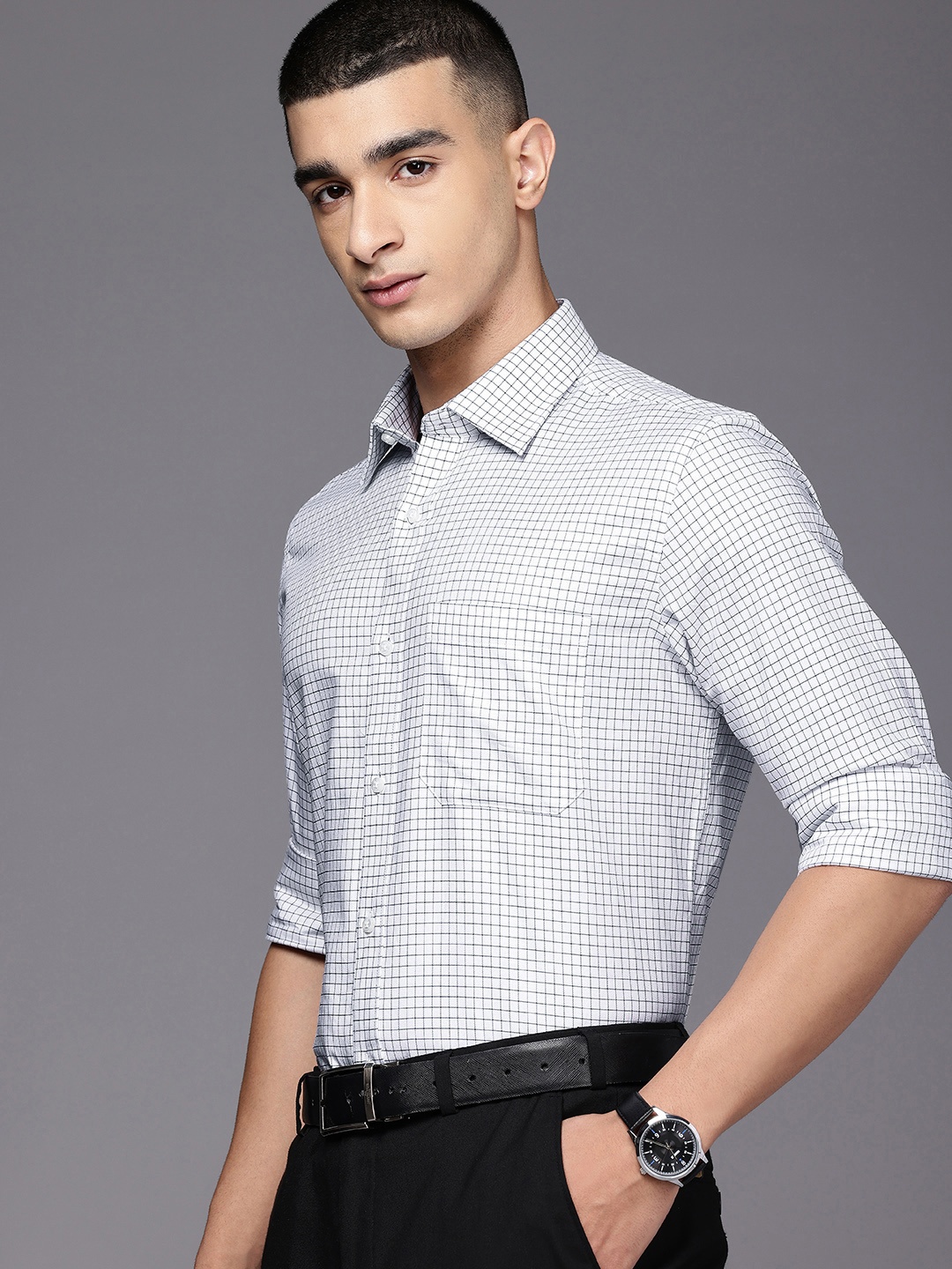 

Raymond Pure Cotton Grid Tattersall Checked Formal Shirt, White