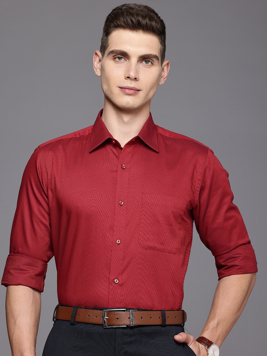 

Raymond Pure Cotton Self Design Textured Formal Shirt, Red