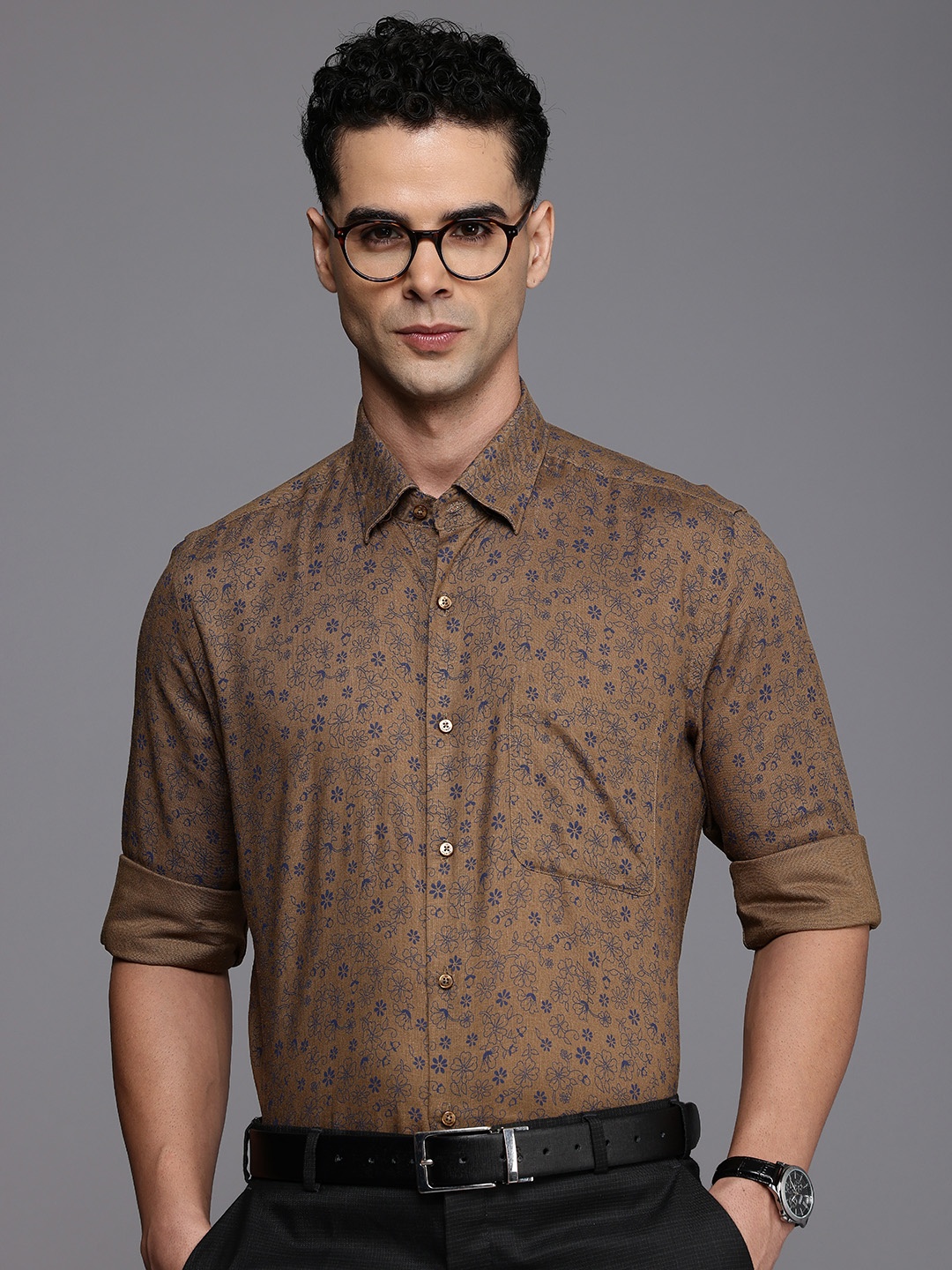 

Raymond Floral Printed Cutaway Collar Formal Shirt, Brown