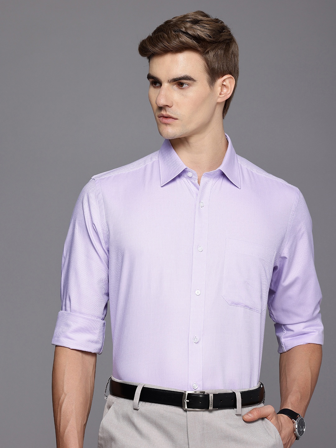 

Raymond Textured Self Design Cutaway Collar Pure Cotton Formal Shirt, Lavender