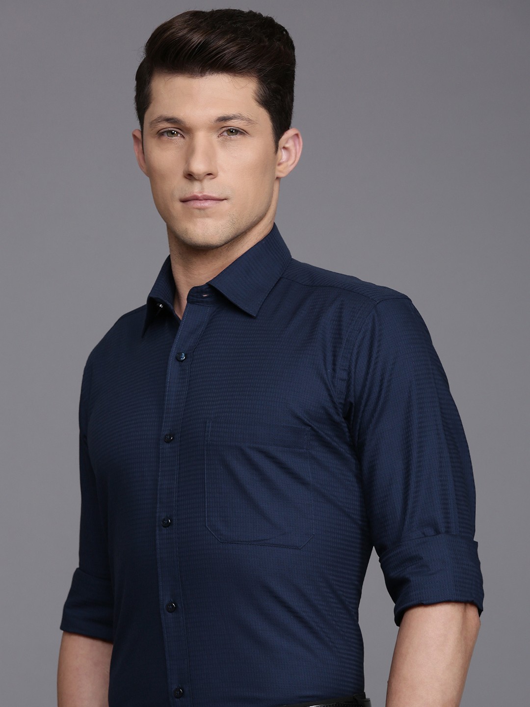 

Raymond Pure Cotton Self Design Textured Formal Shirt, Navy blue