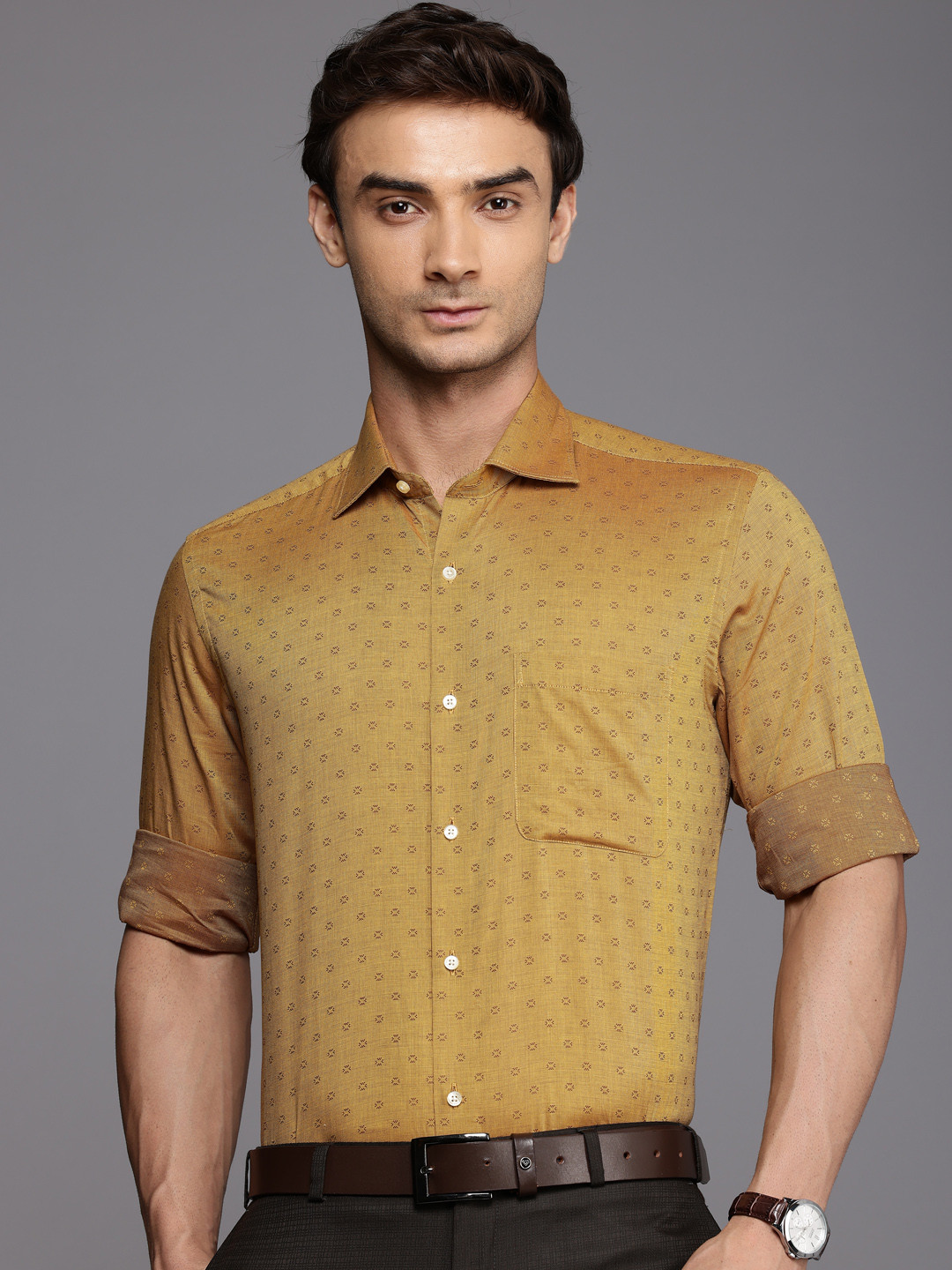 

Raymond Geometric Self Designed Pure Cotton Formal Shirt, Yellow