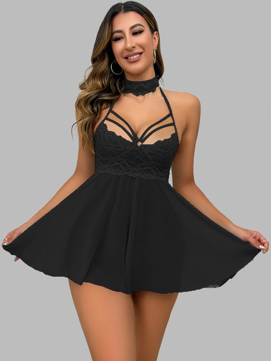 

KRENOZ Net Halter Neck Baby Doll, Black