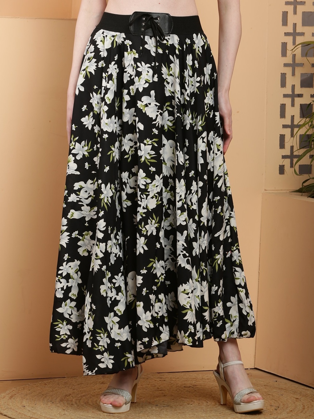 

Raabta Fashion Floral Printed Flared Maxi Skirt, Black