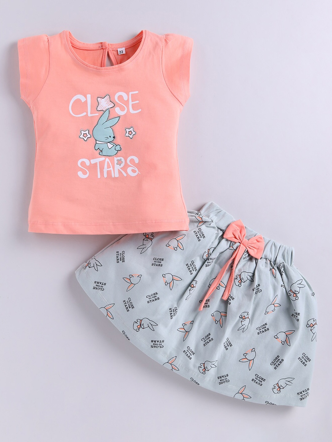 

BAESD Girls Printed Round Neck Short Sleeves Pure Cotton Top with Skirt, Peach