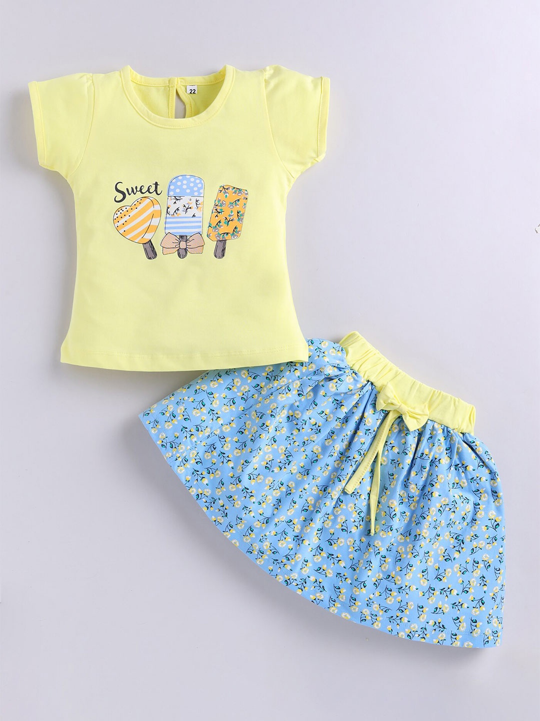 

BAESD Girls Printed Round Neck Short Sleeves Pure Cotton Top with Skirt, Yellow
