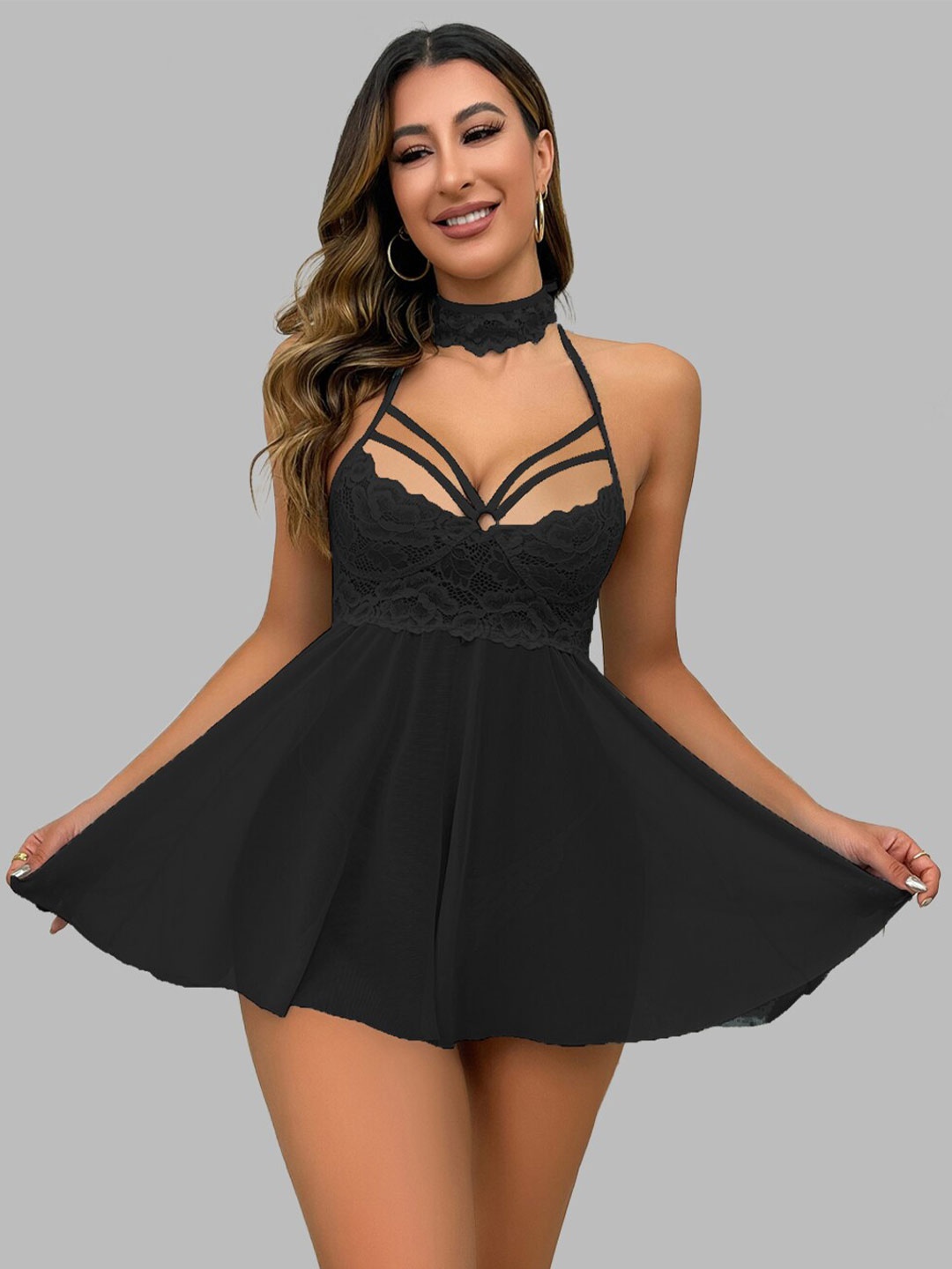 

VAGHBHATT Net Halter Neck Baby Doll, Black