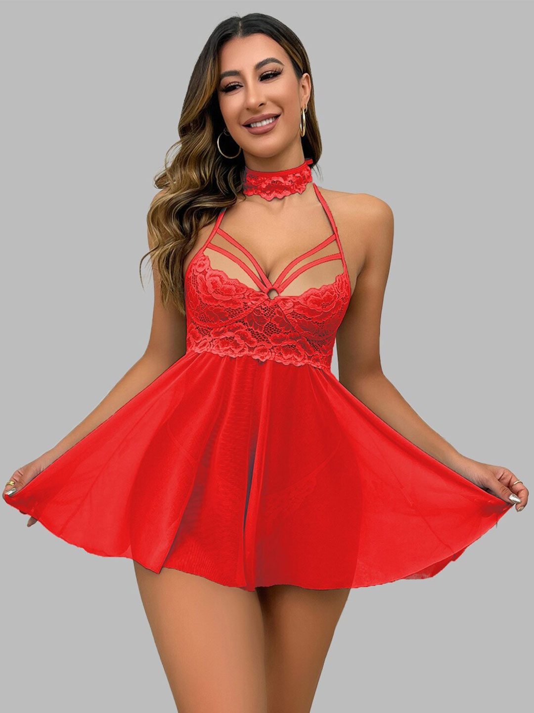 

VAGHBHATT Net Halter Neck Baby Doll, Red