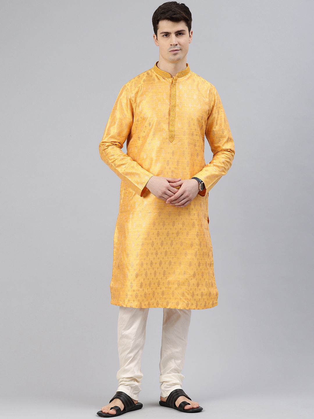 

Manthan Men Woven Design Thread Work Kurta with Pyjamas, Yellow