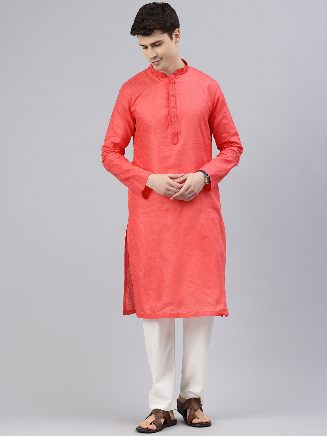 

Manthan Men Woven Design Thread Work Kurta with Pyjamas, Coral