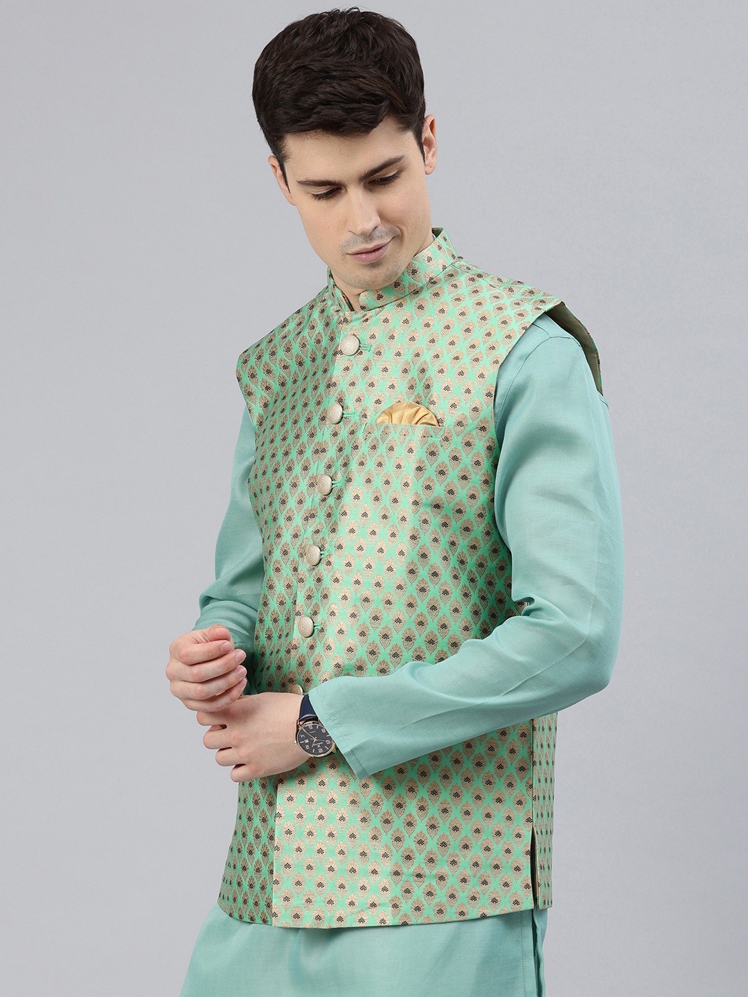 

Manthan Men Woven Design Nehru Jacket, Green