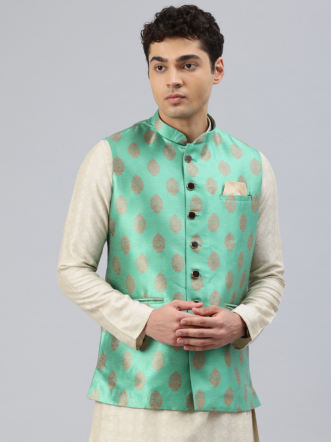 

Manthan Men Woven Design Nehru Jacket, Green