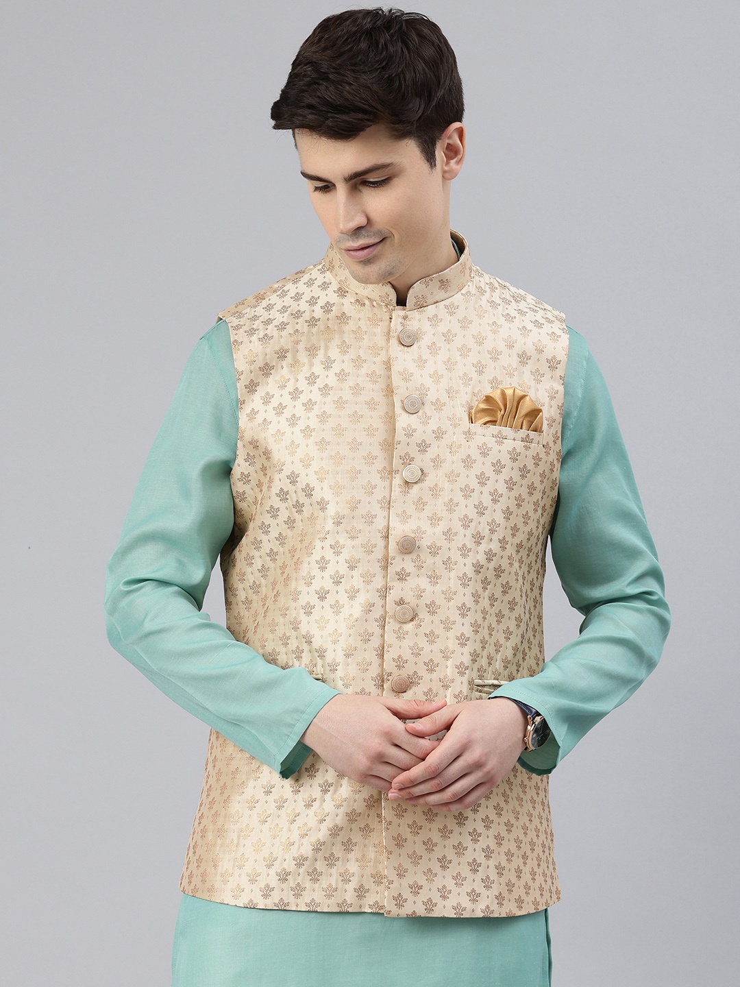

Manthan Men Woven Design Nehru Jacket, Beige