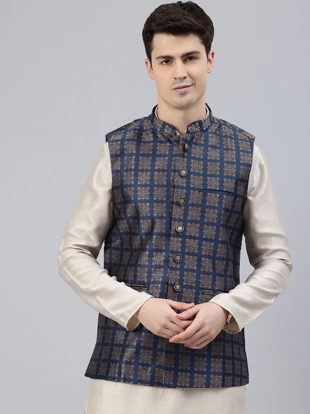 

Manthan Woven Design Nehru Jacket, Navy blue