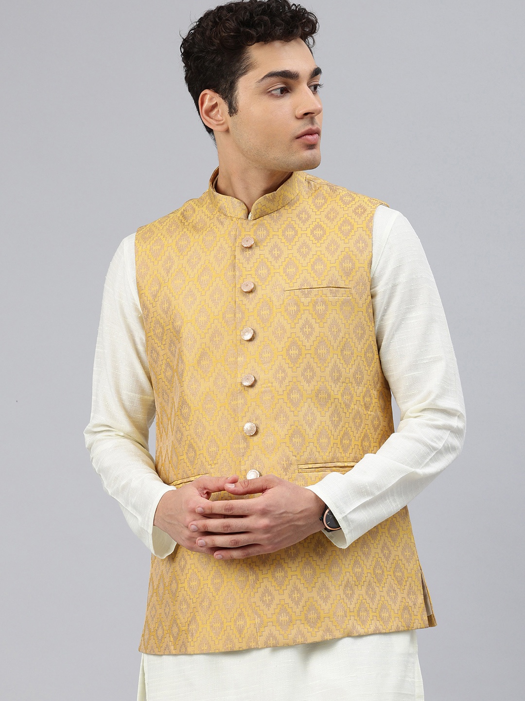 

Manthan Woven Design Nehru Jacket, Yellow