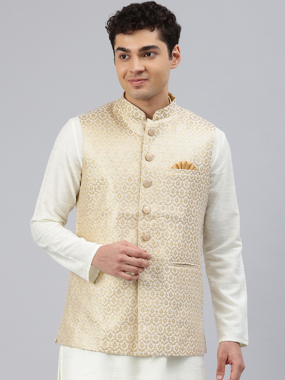 

Manthan Woven Design Nehru Jacket, Cream