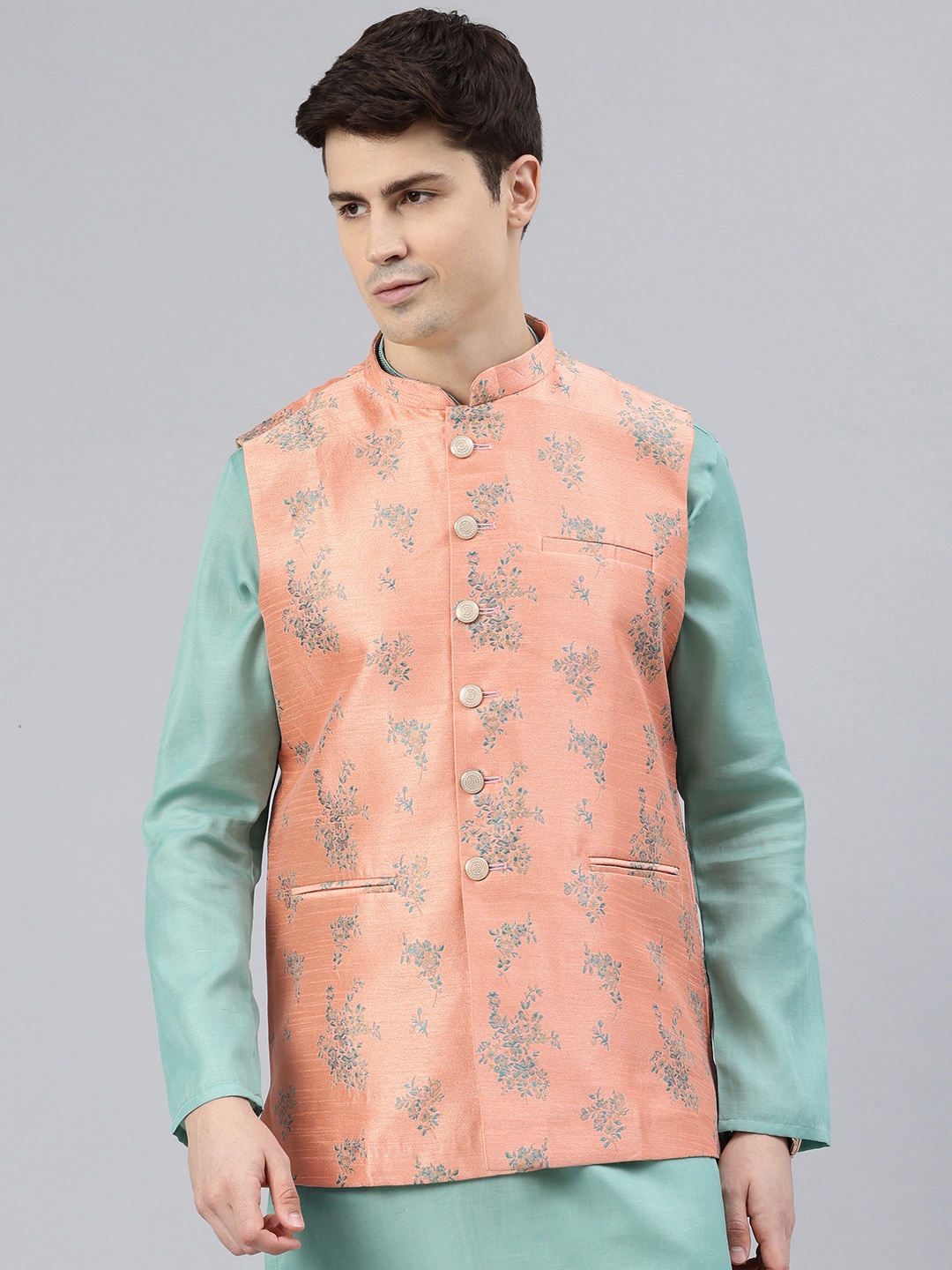 

Manthan Woven Design Nehru Jacket, Peach