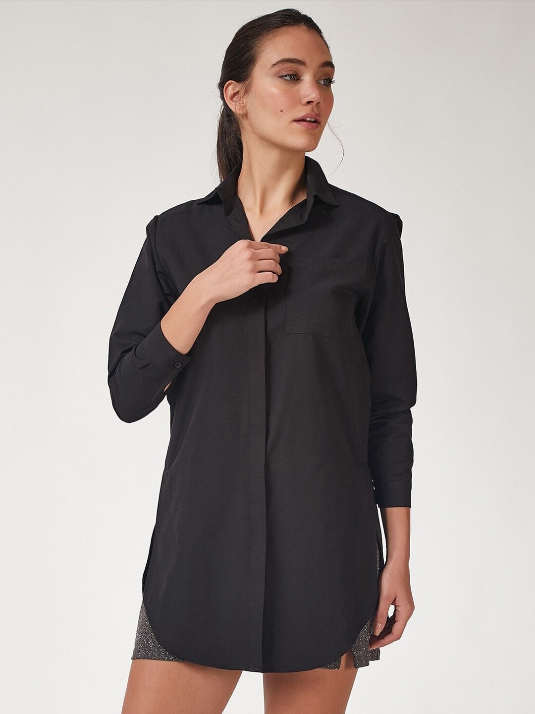 

Fab Star Comfort Concealed Button Placket Longline Oversized Cotton Casual Shirt, Black