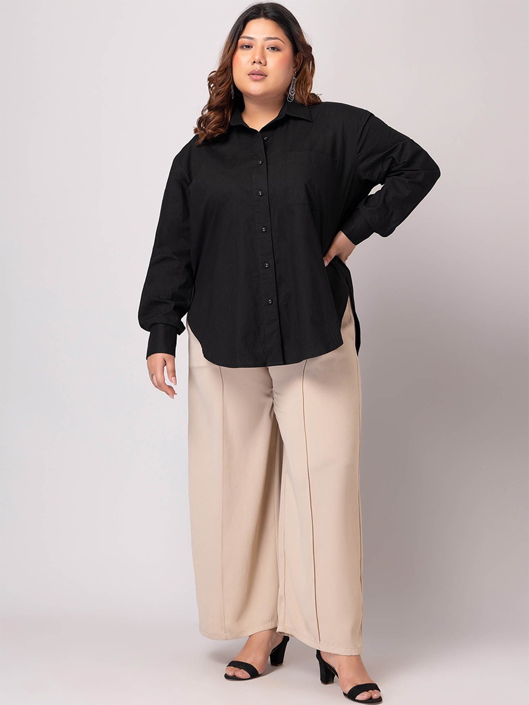 

Fab Star Plus Size Comfort Spread Collar Long Sleeves Cotton Casual Shirt, Black