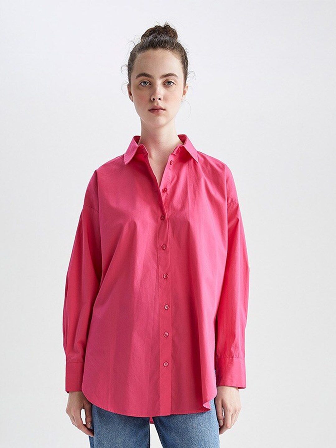 

Fab Star Comfort Spread Collar Cold-Shoulder Sleeves Oversized Cotton Casual Shirt, Pink