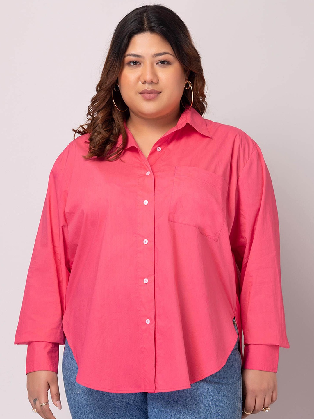 

Fab Star Plus Size Comfort Spread Collar Long Sleeves Cotton Casual Shirt, Pink