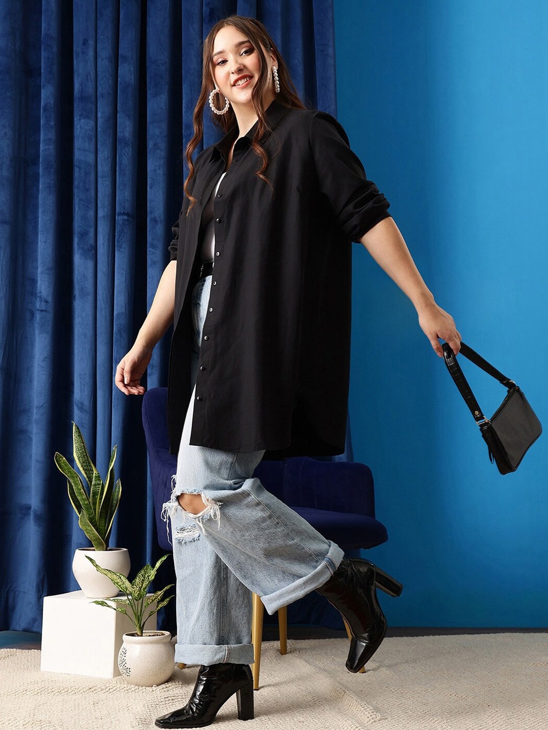 

Fab Star Comfort Oversized Spread Collar Cotton Shirt, Black