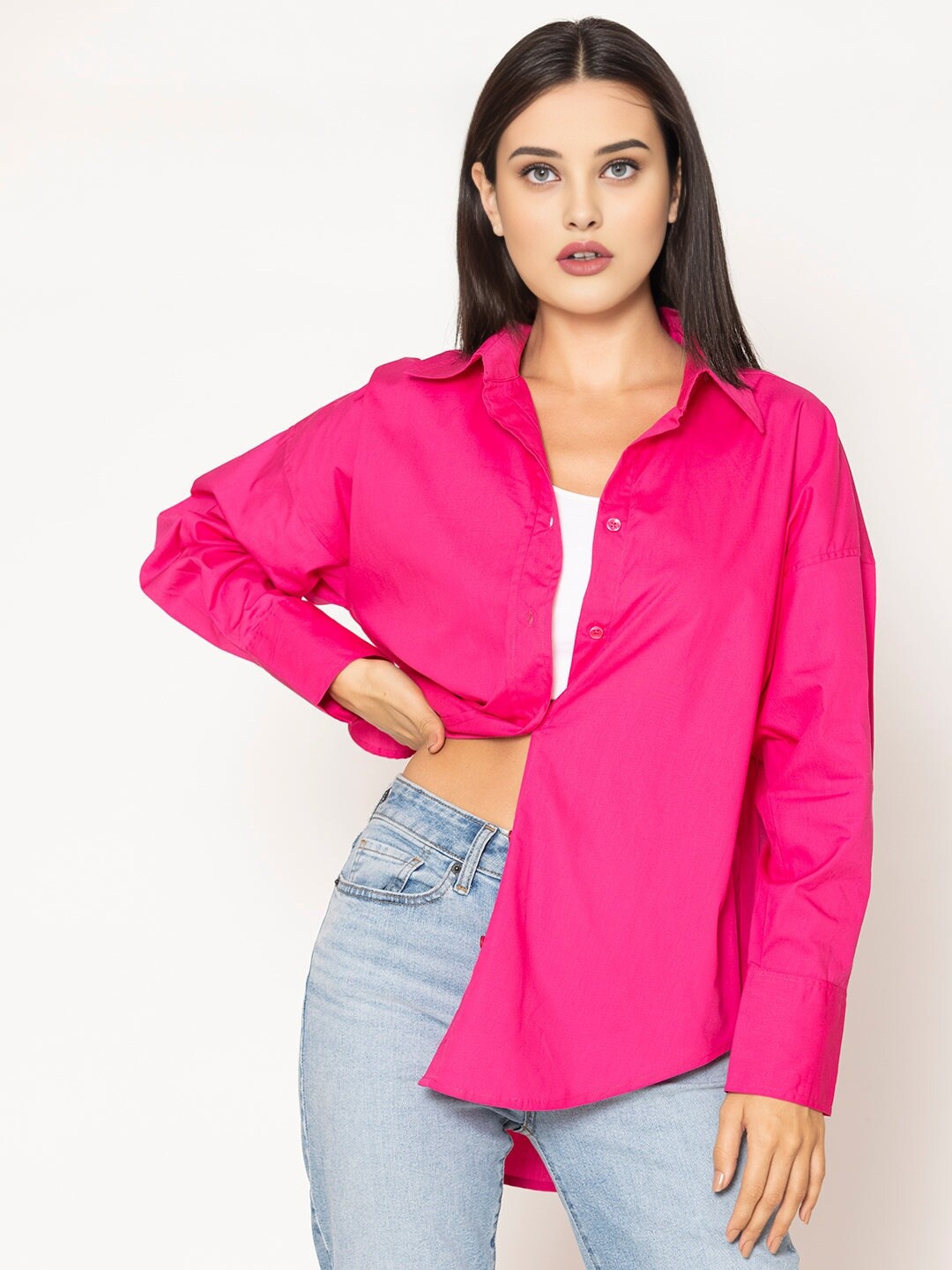

Fab Star Spread Collar Long Sleeves Cotton Casual Shirt, Pink