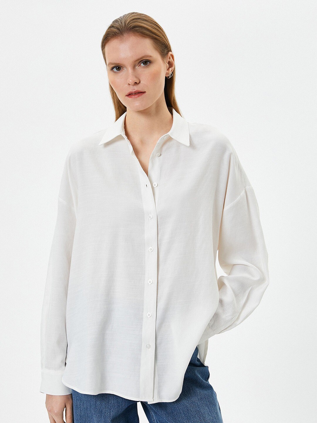 

Fab Star Comfort Spread Collar Drop-Shoulder Sleeves Cotton Oversized Casual Shirt, White