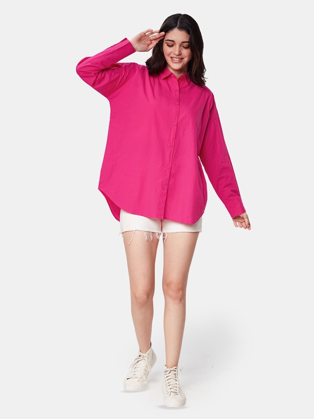 

Fab Star Comfort Drop-Shoulder Sleeves Oversized Cotton Casual Shirt, Pink