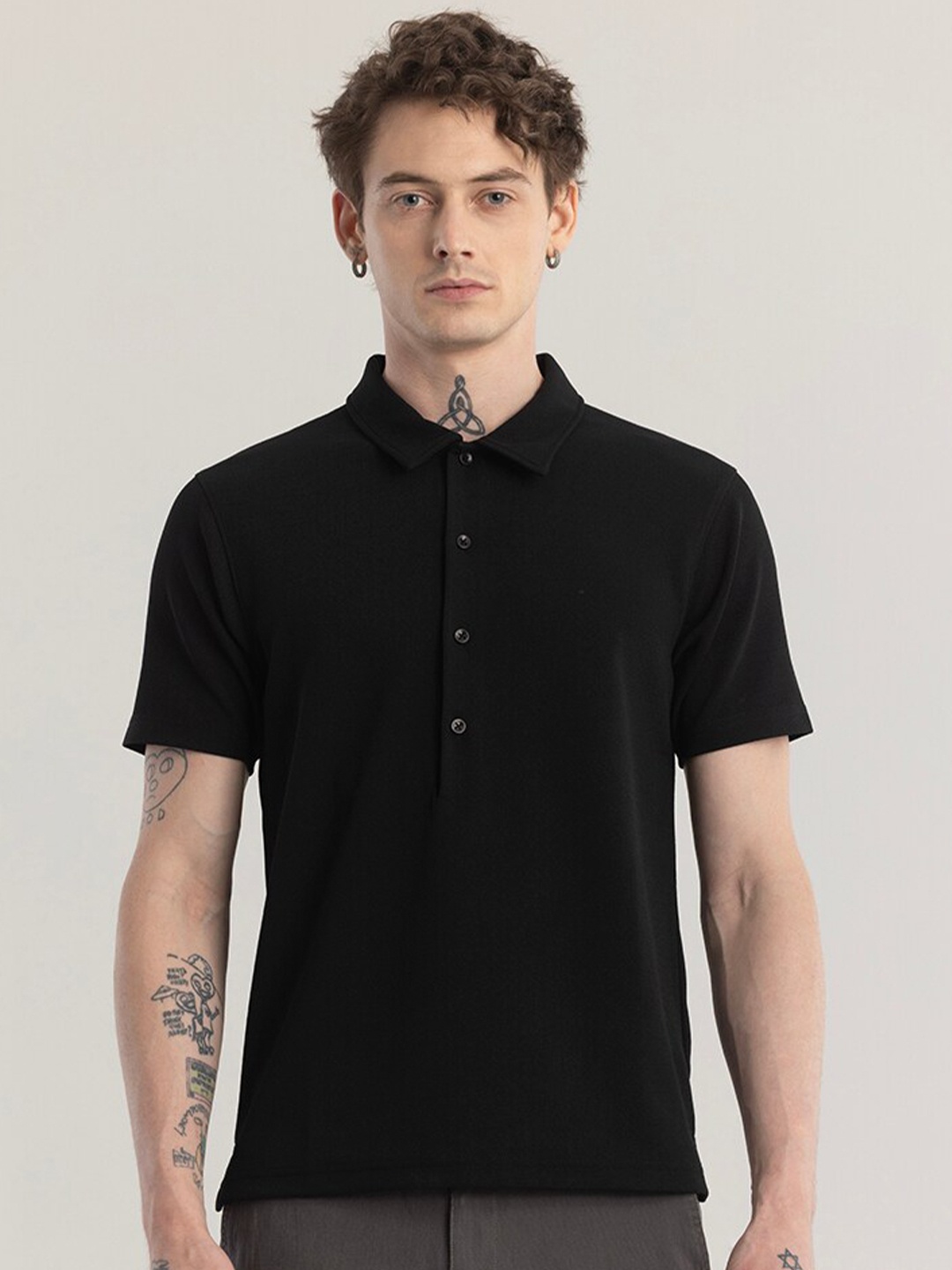 

Snitch Black Polo Collar Short Sleeves Slim Fit T-shirt