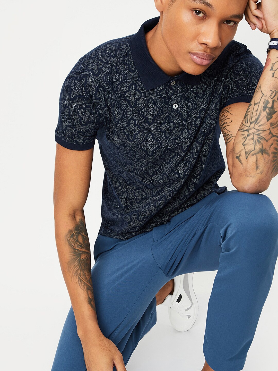 

max Men Printed Polo Collar Ethnic T-shirt, Navy blue