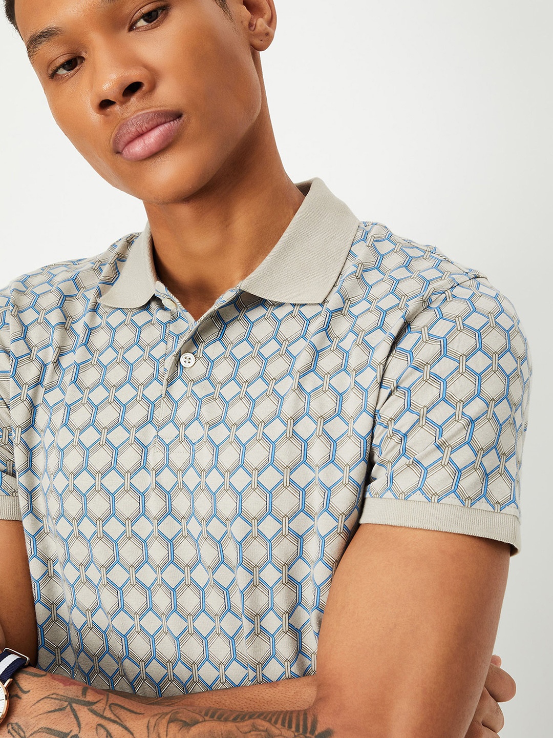 

max Geometric Printed Polo Collar Pure Cotton T-shirt, Khaki