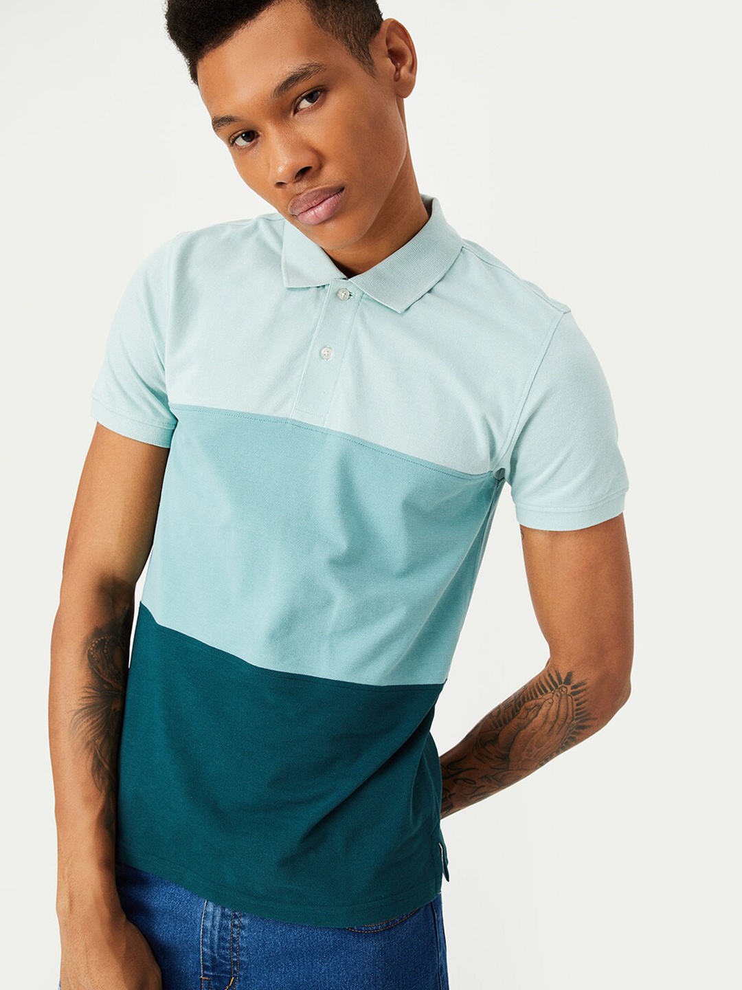 

max Colourblocked Polo Collar Cotton T-shirt, Green